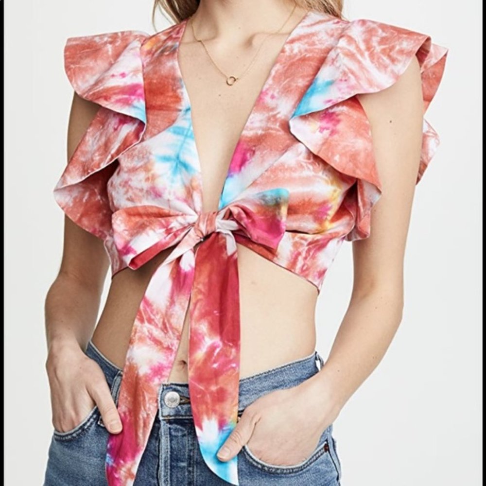 MOCHI NWT Lana Tie Dye Wrap Crop Top Pink Ruffle Sz M